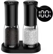 Electric Salt and Pepper Grinder Set with LED Power Display,Larger Black