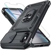 Janmitta for iPhone Xs Max Case Built in Slide Camera Lens Cover+Screen Protector,Heavy Duty Shockproof Full Body Phone Cover with Finger Ring Holder Kickstand,Black
