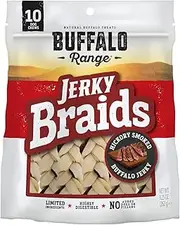 Buffalo Range Rawhide Dog Treats | Healthy, Grass-Fed Buffalo Jerky Raw Hide Chews | Hickory Smoked Flavor | Jerky Braid, 10 Count
