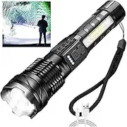 High Power 1000 Lumen Tactical Flashlight - USB Rechargeable, 5 Modes, Waterproof, Ideal for Emergency, Outdoor, Camping (Black)