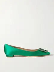 [Manolo Blahnik] Manolo Blahnik - Hangisi Crystal-embellished Satin Point-toe Flats - Green - IT40 IT 40 Green