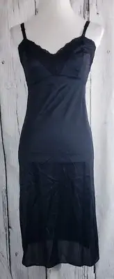 VTG Nancy King Lingerie Women Under Dress Slip Black Sz 32 Nylon Side Slit #2172