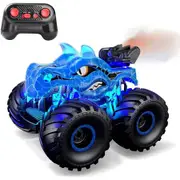 Remote Control Car, 2.4 GHz RC 4WD Monster Trucks for Boys Girls with Light and Sound, 2 Batteries,Dino Toys for Kids, Blue