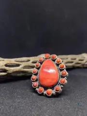 Native Navajo Orange Spiny Oyster Shell Sterling silver Cluster Ring size 10