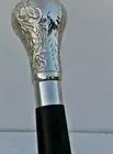 SILVER BRASS LONG HEAD HANDLE ANTIQUE STYLE WOODEN WALKING STICK VINTAGE CANE