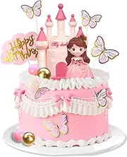 DRWATE Princess Cake Topper Castle Cake Decoration for Girl Kid Happy Birthday Party Decorations Princess Baby Shower Supplies (Pink)