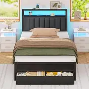 Furnulem Twin Bed Frames with Charging Station and LED Lights, Grey Upholstered Headboard with 2-Tier Shelves, Twin Size Metal Platform Bed with 2 Under Bed Storage on Wheels, No Box Spring Needed