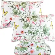 QSH Butterfly Bed Sheets Set Queen Size 100% Egyptian Cotton Sheet Wild Flower Leaves Printed Pattern Bedding Sheets Spring Floral Bedsheets Deep Pockets 4PCs