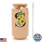 Initial Glass Cups Sunflower with Bamboo Lids and Straws,16oz Iced Coffee Mug