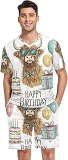 [GAIREG] Pajama Set for Men Soft Short Sleeve Sleepwear Loungewear S-XXL, Highland Cow Party Hat Birthday, Medium