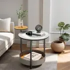 Unique 3-Tier round Side End Table Sintered Stone-Top and Saddle Leather Shelves