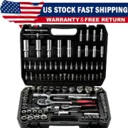 108Pcs Mechanics Tools - Kit 6-Point Socket Ratchet Wrench Set Repair Tool Case