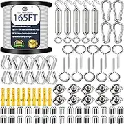 Garden Wire/Picture Wire/Wire Fence Roll Kit - Nylon Coated Heavy Duty 304 Stainless Steel Cable Rope Lag Screw Eyes Turnbuckle Strainer Hook Expansion Hook Carabiner Hook (30m/100ft) (50m/165FT)