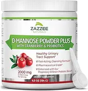 Zazzee D-Mannose Powder Plus, 67 Servings, 6.5 Ounces, Plus 5 Billion CFU Probiotics, Enhanced with Pure Cranberry Juice, Includes Free Scoop, Fast-Acting, Vegan, Non-GMO and All-Natural