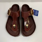 Birkenstock New w/ Box Gizeh Big Buckle High Shine Chocolate Leather Patent Nar