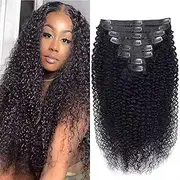 Kinky Curly Clip in Hair Extensions Human Hair for Black Women - 8Pcs 18Clips Double Weft Brazilian Remy Human Hair 3C 4A Clip in Extensions Thick to Ends 120G124ml Natural Black (60cm)