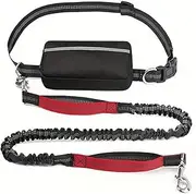 Hands Free Dog Lead, Running Dog Lead with Adjustable Waist Belt, Walking Belt for Medium Large Dogs, Bungee DogLead with Detachable Pouch for Running,Hiking (Red,Single)
