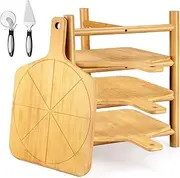 4 pcs Pizza Peel with Stand Smooth Pizza Paddle Pizza Cutting Board with 6 Slice Grooves Premium Serving Tray with Stainless Steel Pizza Cutting wheel and Pizza Shovel