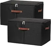 2 Pack Storage Bins with Zipper Lid Cotton Linen Fabric Lidded Storage Baskets Boxes Foldable Washable Closet Shelf Clothes Organizer Container with PU Leather Handles (Black, Jumbo Size)