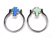Reversible Blue & White Fire Opal Solid 925 Sterling Silver Cross Ring sz 6 - 9