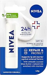NIVEA Repair & Protect Lip Balm SPF 15 4.8g | With Shea Butter & Natural Oils | UV Protection | 24-Hour Hydration | Heals Chapped Lips | Suitable for Sensitive Skin | Natural Ingredients