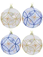 Frost & Clear Baubles With Gold, Blue & Rust Orange Glitter Patterns - 4 x 80mm