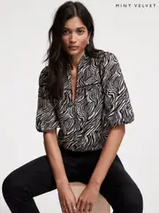 Mint Velvet Black Zebra Print Puff Sleeve Blouse (F67526) | $205