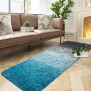 Luxury Shag Area Rug, 2x6 Feet Blue Black Runner Shaggy Fluffy Carpets, Non