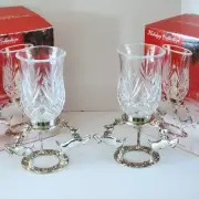 NOS 2 Godinger Silver Plate Crystal Hurricane Candle Holder Triple Reindeer PAIR