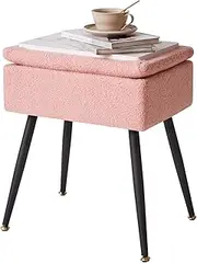 Aibiju Dressing Table Chair with Storage, Faux Teddy Fur Rectangular Bedroom Ottoman Stool with Metal Legs, Makeup Vanity Stool Side Table for Makeup Room, Bedroom, Pink YD-SMS137P