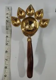 New Aarti lamp Diya with wooden handle 5+1 wicks 8.5X3.4" Hindu puja Home temple