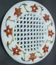 5 Inches Round Marble Soap Dish Carnelian Stone Inlay Work Kitchen Accessories