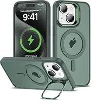 ELEPIK for iPhone 14 Case, [Compatible with MagSafe] [Military-Grade Protective] [Built-in Adjustable Stand] Slim Protective Matte Silicone iPhone 14 Phone Case, Green