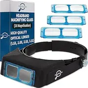 Headband Magnifier - (Hands Free Optical Visor/Binocular Magnifier) - with 4 Real Glass Optical Lens Plates (1.5X 2X 2.5X 3.5X)