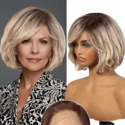 Ash Blonde Human Hair Lace Wigs with Bangs Short Bob Wigs for Fashion Women