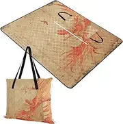 Yoogain Beach Accessories Water Resistant Park Foldable Picnic Blanket for Family Summer Gift Phoenix Bird Chinese Ink Painting Red Gold 60x80in