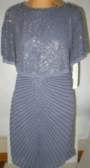 New Womens $465 2 NWT Designer Dress Aidan Mattox Gunmetal Gray Beaded Popover