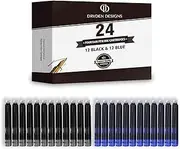 Dryden Designs Ink Cartridges for Fountain Pen | Set of 24 (12 Black & 12 Blue) - Short International Standard Size - Disposable and Generic Ink Refill Cartridges - Perfect for Calligraphy