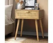 Oikiture Bedside Table Drawers Bedroom Wood Cabinet Nightstand Rattan Furniture