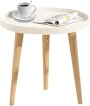 Small Side Table Round Coffee End Table with Solid Wood Legs Modern Accent Bedside Tray Table with Edge Nightstand for Small Spaces Living Room Bedroom - White