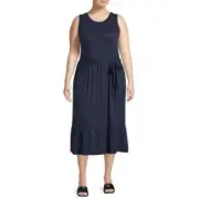 Terra And Sky Woman Plus Belted Knit Tank Dress Dark Navy, Size 4X 28w-30w