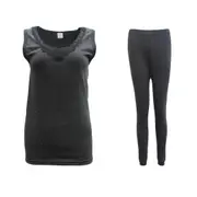 Women Mens 2PCS SET Merino Wool Sleeveless Singlet Top Pants Thermal Pajamas PJs - Women's Set - Black