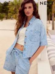 Blue Leaf Jacquard 100% Cotton Short Sleeve Denim Short (AH3436) | $64