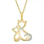 Natural Diamond Accent Laser-Cut Cat and Kitten Pendant in 10K Yellow Gold