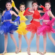 Kids Girls 2 Pcs Sequins Latin Dancewear Tassel Skirt Suit Performance Costume