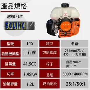 【TEXDON 得世噸】T45 割草機 除草機 修草機 割草機 二行程硬管 油動割草機 引擎修草機 硬管(輕拉型拉盤)