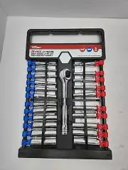 Hyper Tough 24-Piece 1/4" Deep Socket Set with Ratchet Handle with Storage Rack