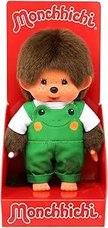 Sekiguchi 203871 Original Monchhichi Boy with Dungarees and Frog Motif, Approx. 20 cm Cuddly Toy Made of Brown Plush