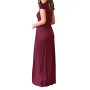 Women Short Sleeve Loose Plain Maxi Dresses Casual Long Dresses with Pockets - Wine Red