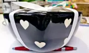 Terramoto Ceramic Set of 3 Nested Heart Shaped Black Bowls White Hearts